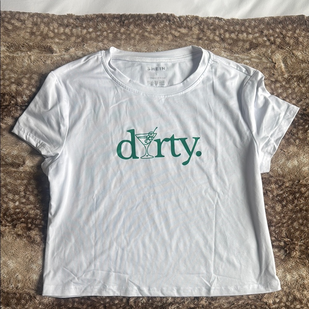 SHEIN White Tee with Green Martini Graphic
